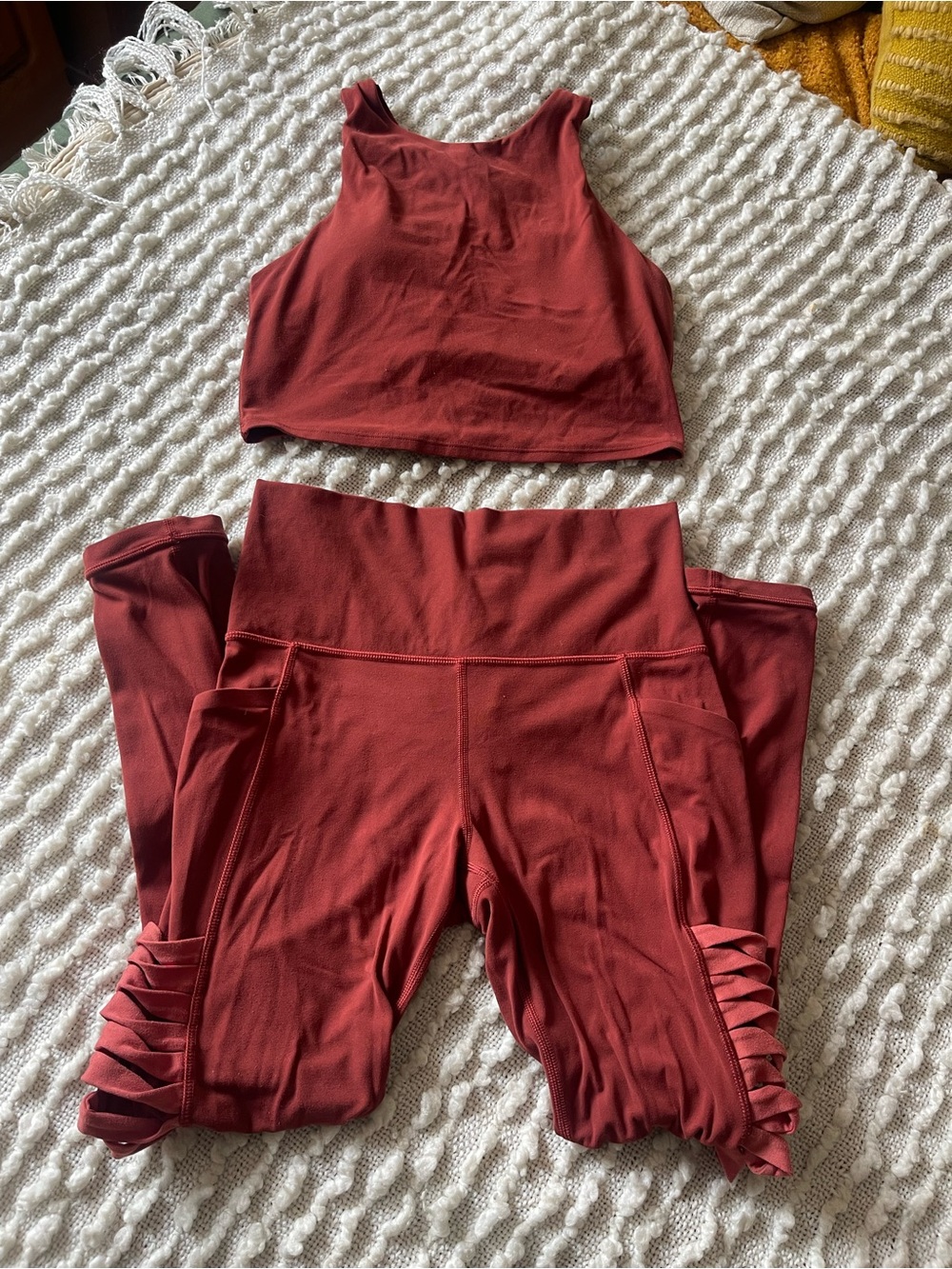 Athlete High-Waist Ribbed Detail Leggings with Crop Tank set - Brick Red